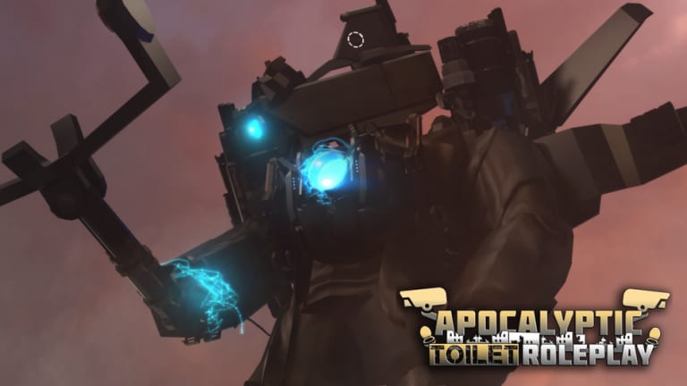 Upgraded Titan Speakerman morph glowing blue in Apocalyptic Toilet Roleplay on Roblox